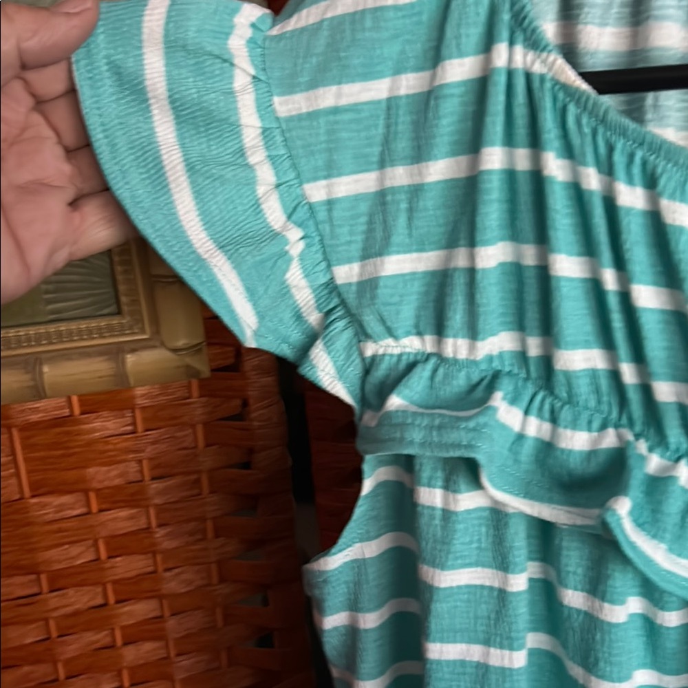 Striped Teal Ruffle Sleeve Top - Picture 2 of 3